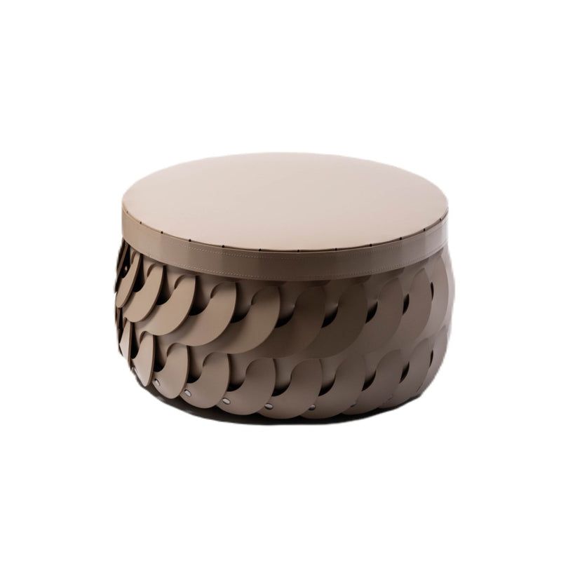 Alicante small round storage basket with lid in taupe regenerated leather by Pinetti