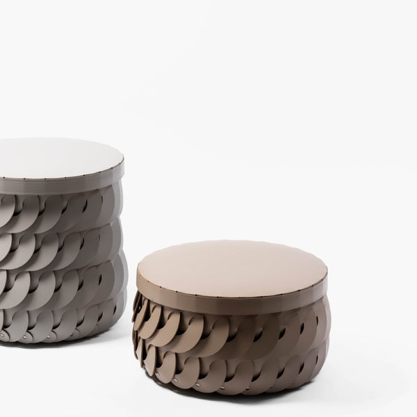 Styled Alicante small round storage basket with lid in taupe regenerated leather by Pinetti