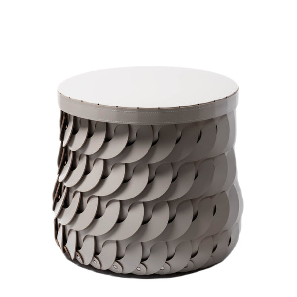 Alicante tall round storage basket with lid in light grey regenerated leather by Pinetti
