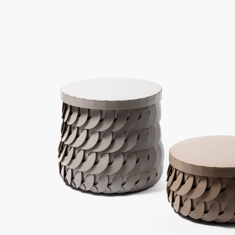 Styled Alicante tall round storage basket with lid in light grey regenerated leather by Pinetti