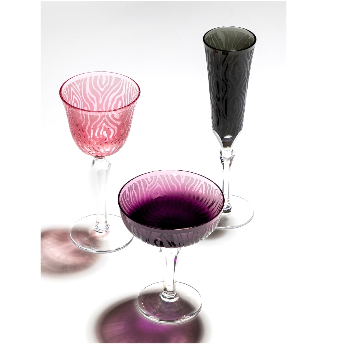 Three glassware Hand-cut crystal with woodland motif from Alice Collection by Cristallerie de Montbronn