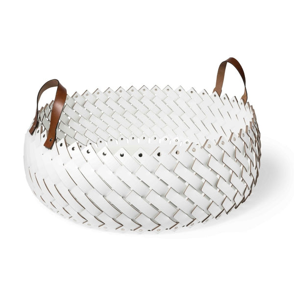 Almeria large round basket with handles in white regenerated leather by Pinetti, hand-woven and suitable for indoor and outdoor use