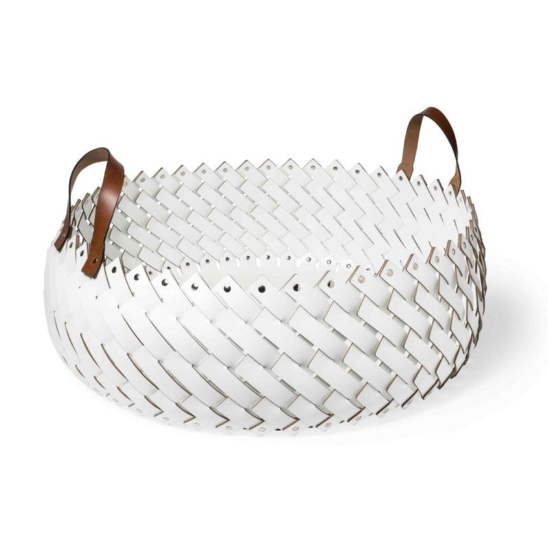 Almeria large round basket with handles in white regenerated leather by Pinetti, hand-woven and suitable for indoor and outdoor use