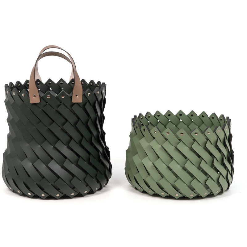 Two woven baskets, one hunter green and one olive green, on a white background