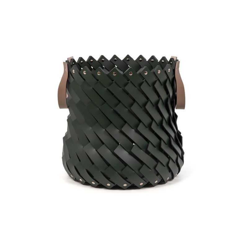 Almeria medium round basket with handles in hunter green regenerated leather by Pinetti, tall hand-woven design for indoor and outdoor use with brown handles on a white background