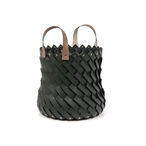 Almeria medium round basket with handles in hunter green regenerated leather by Pinetti, tall hand-woven design for indoor and outdoor use
