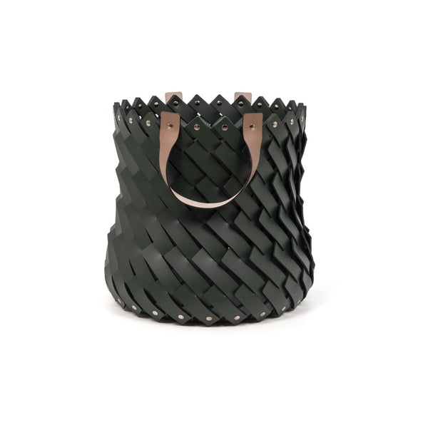 Almeria medium round basket with handles in hunter green regenerated leather by Pinetti, tall hand-woven design for indoor and outdoor use on a white background