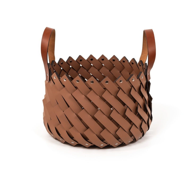 Almeria small round basket with handles in camel regenerated leather by Pinetti, hand-woven and suitable for outdoor use