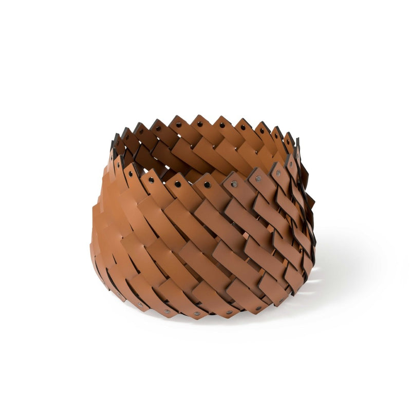 Almeria small round storage basket in camel brown regenerated leather by Pinetti, hand-woven and suitable for outdoor use