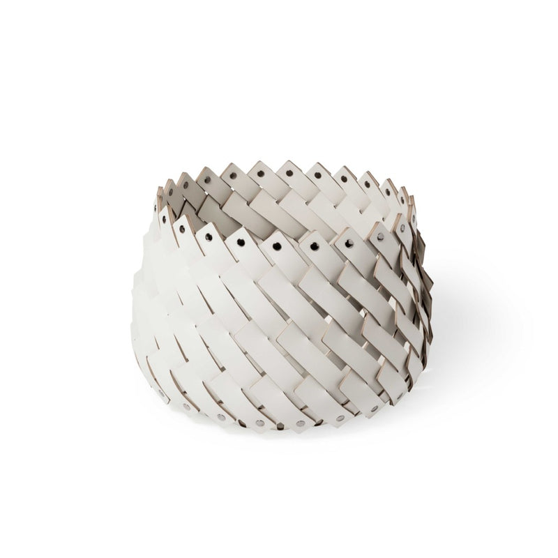 Almeria small round storage basket in cream regenerated leather by Pinetti, hand-woven and suitable for outdoor use