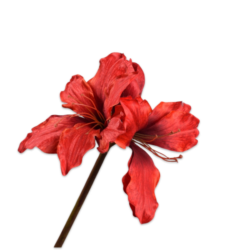 Amaryllis red artificial flower stem in waxed silk with detailed petals and realistic stamen center