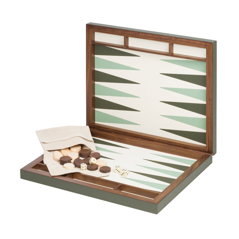Open Giobagnara backgammon case in deep green leather with walnut frame, magnetic closing, and leather inlaid playing field.