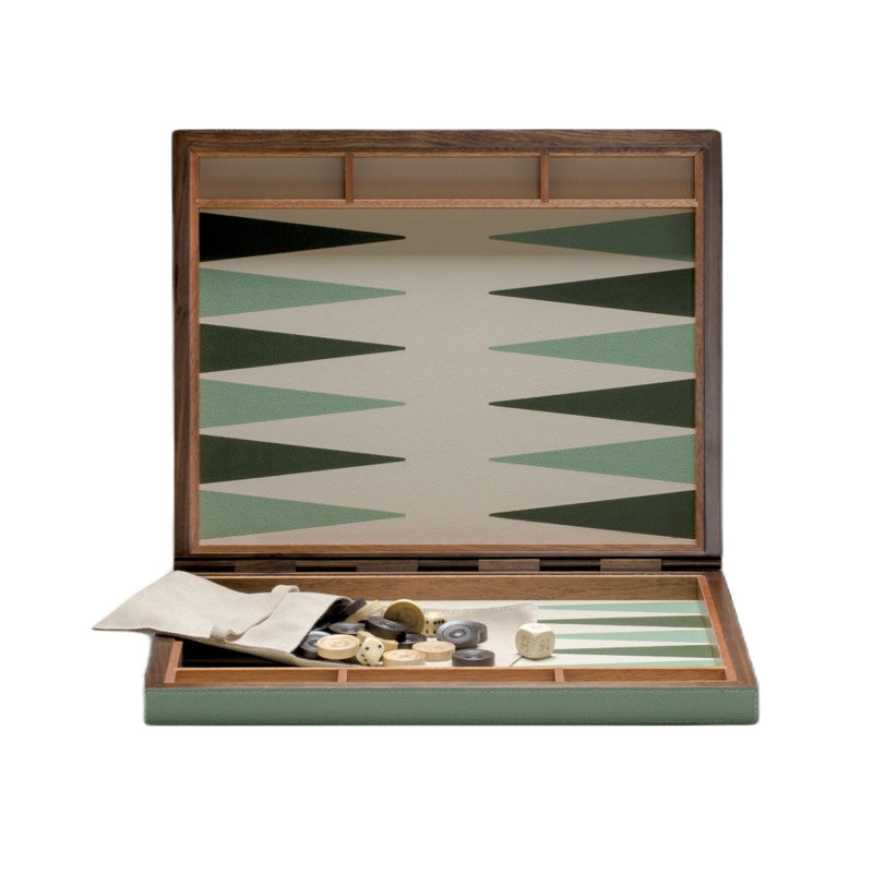 Luxury Giobagnara backgammon board in deep green leather with handcrafted boxwood checkers and dice.