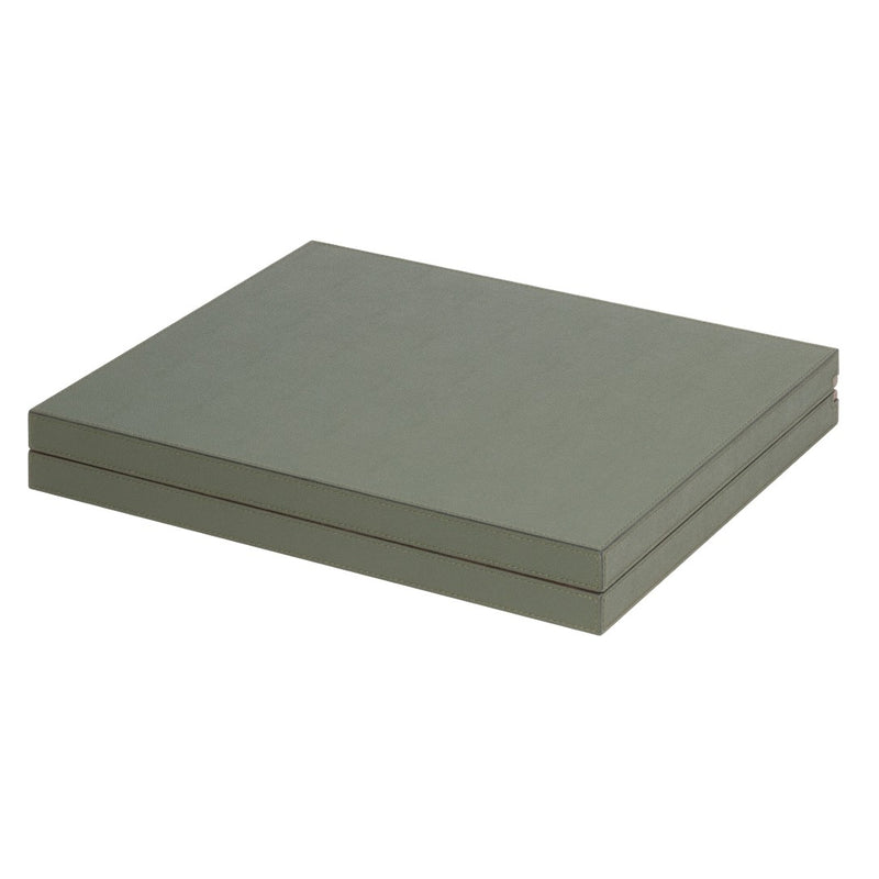 Closed Giobagnara backgammon case in deep green leather with walnut frame, magnetic closing, and leather inlaid playing field.