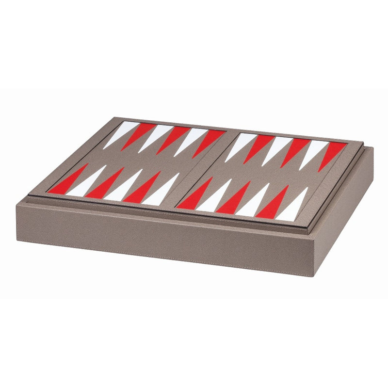 Closed leather Game Compendium by Giobagnara featuring an inlaid backgammon design in taupe, red, and white tones.
