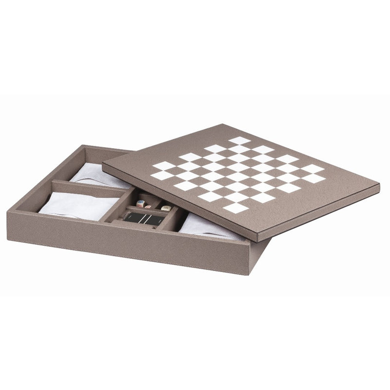Giobagnara Game Compendium with reversible lid displaying inlaid chessboard design in elegant Italian leather.