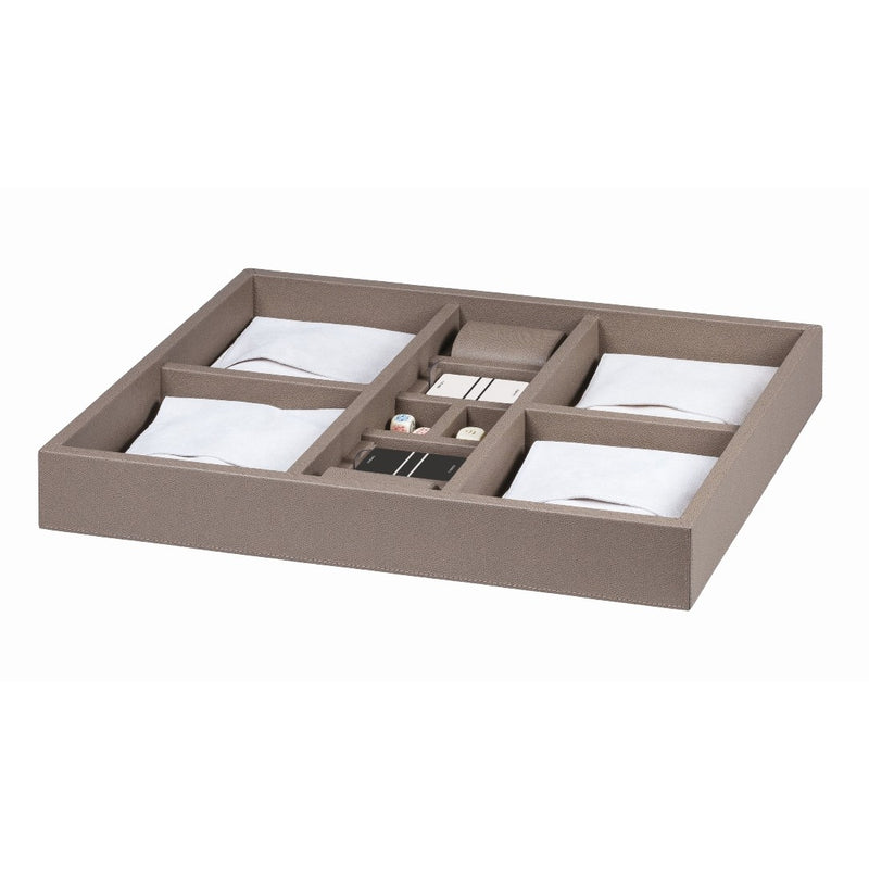 Interior of Giobagnara Game Compendium showing organized compartments with playing cards, dice, and game pieces.