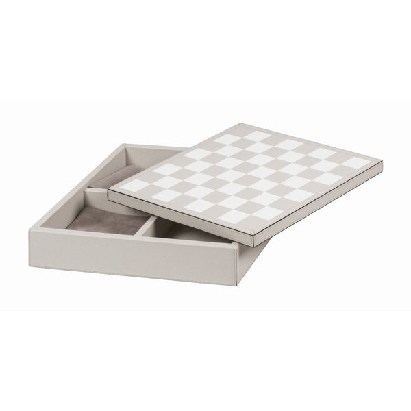 Open Quadruple Game Box by Giobagnara showing chess and Muehle boards with elegant leather finish and finely crafted pieces.