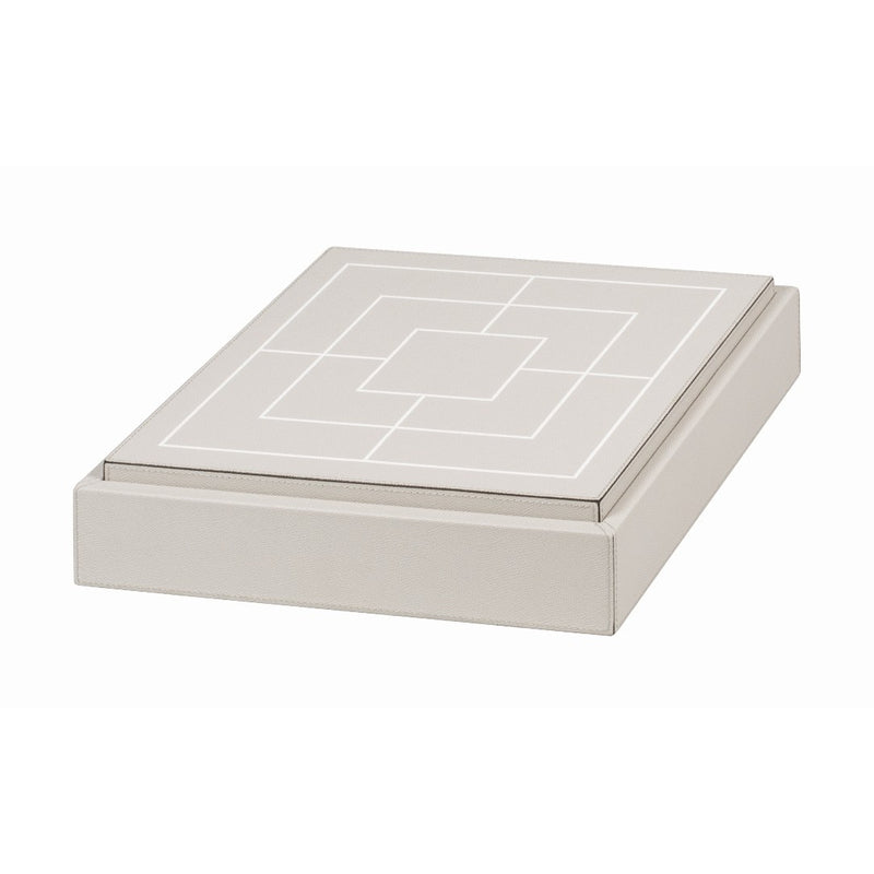 Closed Quadruple Game Box by Giobagnara with inlaid Muehle design in light leather finish.