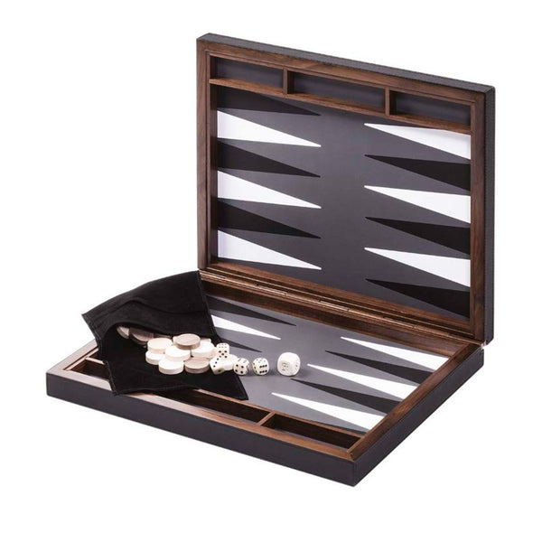 Open Safari Backgammon Case by Giobagnara crafted in black Nappa leather with walnut hinge, magnetic closing, and leather inlaid playing surface.

Image 2: