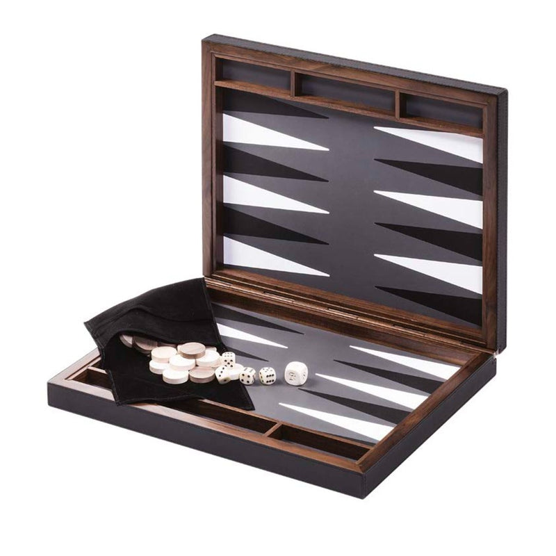 Open Safari Backgammon Case by Giobagnara crafted in black Nappa leather with walnut hinge, magnetic closing, and leather inlaid playing surface.

Image 2: