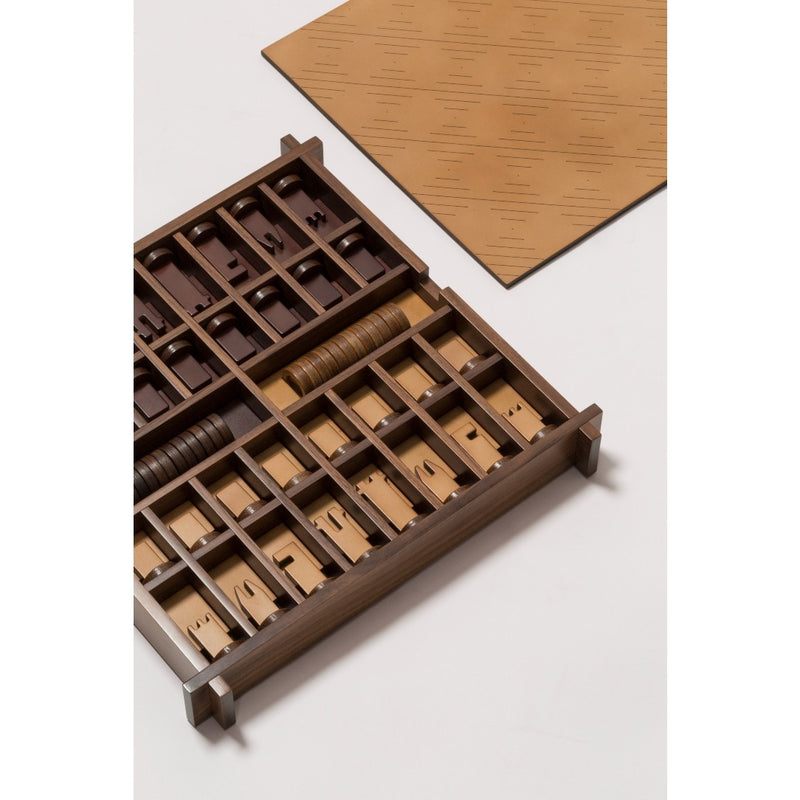 Interior of Giobagnara Structura Triple Game Box with organized wooden partitions for playing pieces.