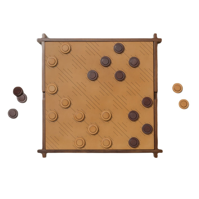 Styled Structura Triple Game Box by Giobagnara with engraved chess and draughts field in natural sole leather.