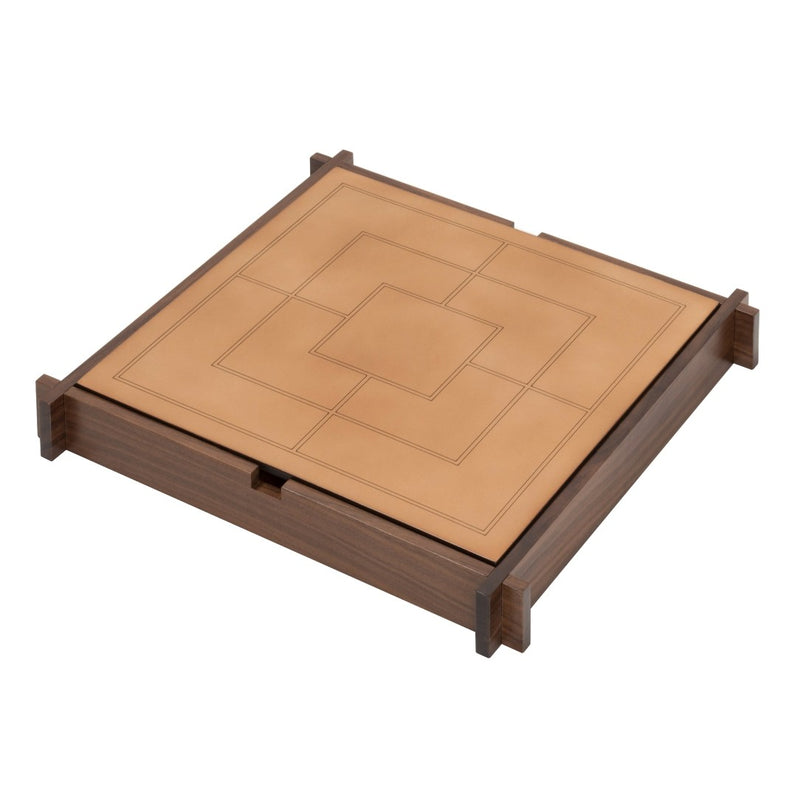 Structura Triple Game Box by Giobagnara with engraved chess and draughts field in natural sole leather.