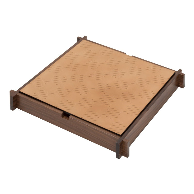 Structura Triple Game Box by Giobagnara with engraved chess and draughts field in natural sole leather on a white background