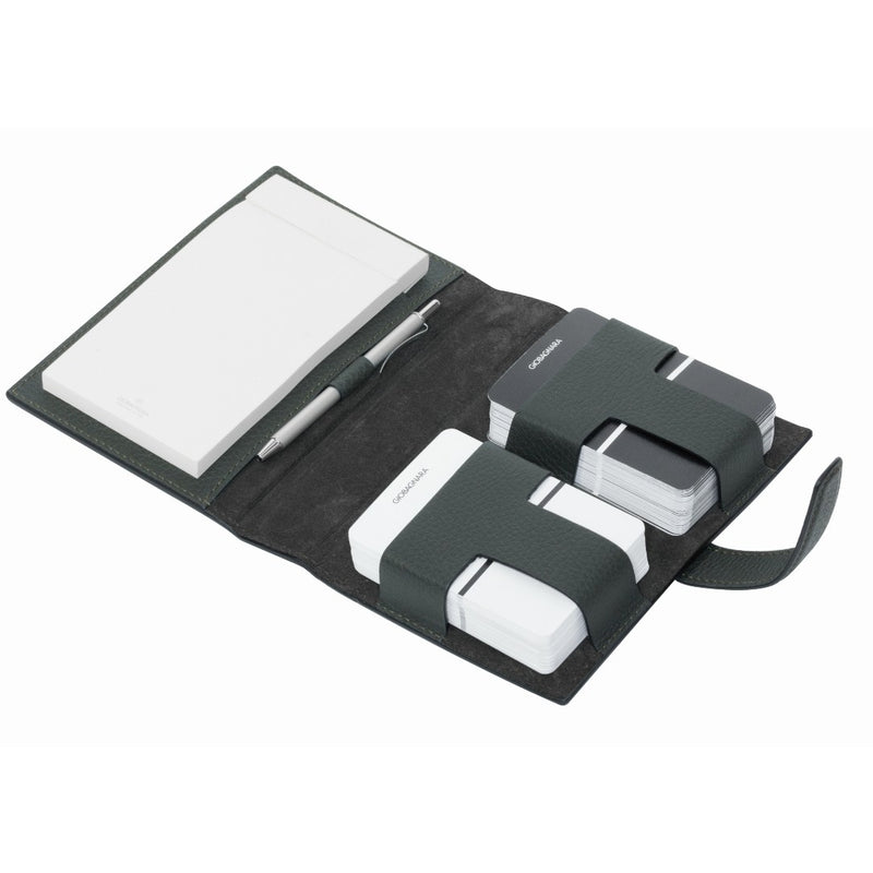 Inside view showing cards, notepad, and pen