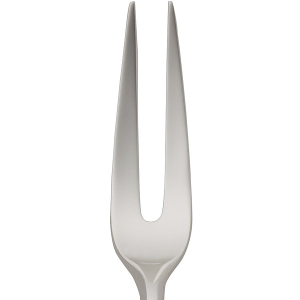 Dante silver-plated large meat fork close-up on its long prongs