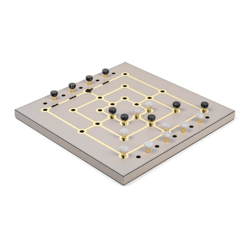Mill Game Set in Cream Grained Leather with gold detailing and eco-shell pawns by Pinetti