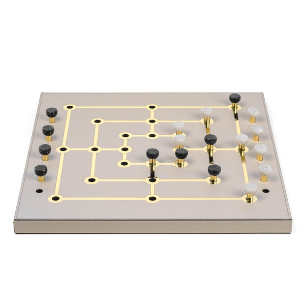 side view of the Mill Game Set in Cream Grained Leather with gold detailing and eco-shell pawns by Pinetti