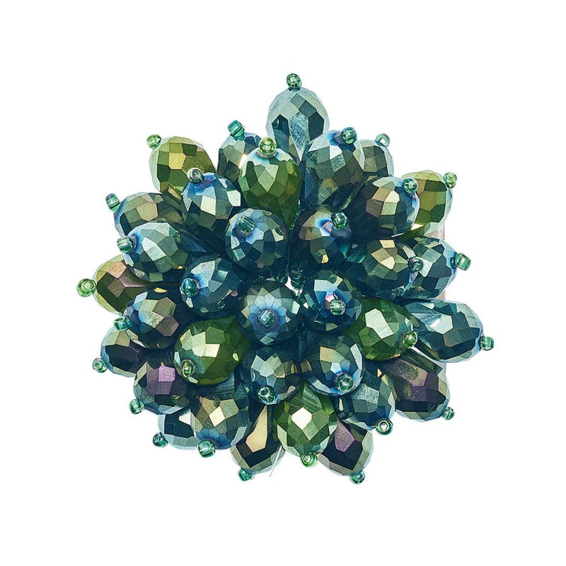 Top view of Zinnia Napkin Ring with shimmering olive and green beads by Kim Seybert
