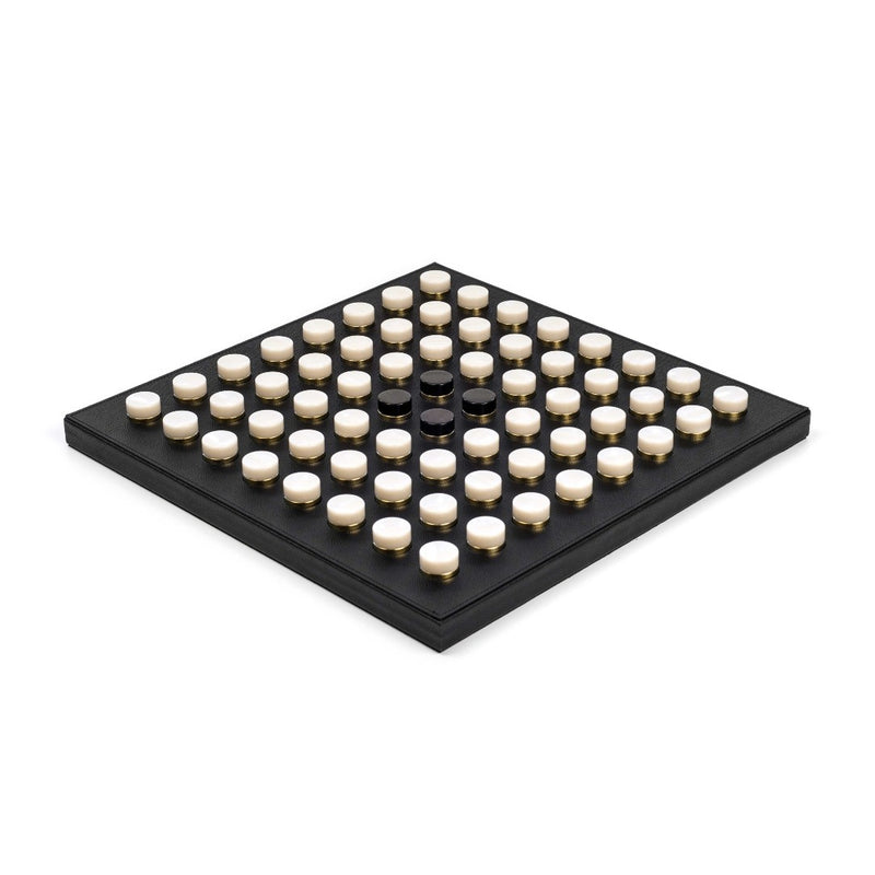 Reversi Game Set in black calf leather with gold-detailed pawns by Pinetti, luxury board game on Amiramour.