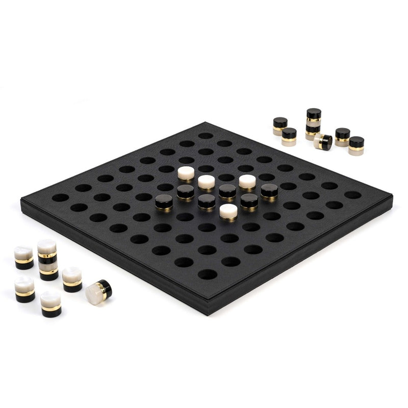 Luxury Reversi game board by Pinetti in black leather featuring eco-shell and gold pawns, elegant strategy game on Amiramour.