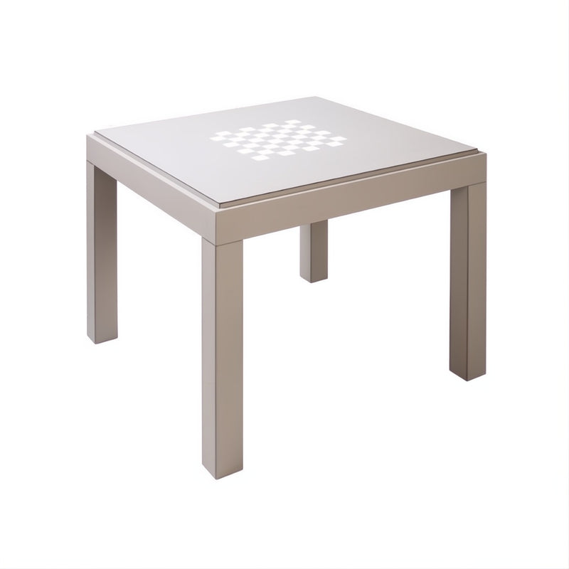 Reversible Venezia Game Table by Giobagnara showing inlaid chessboard on leather-covered wood structure with removable legs.