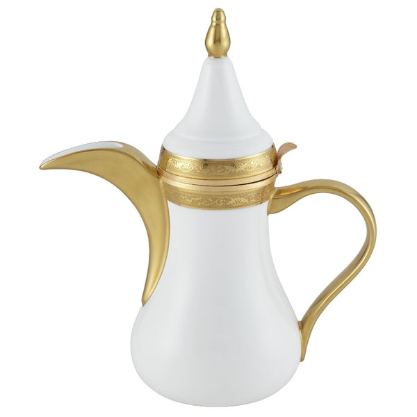 A white and gold Arabic coffee pot with a Renaissance style border, made of porcelain.