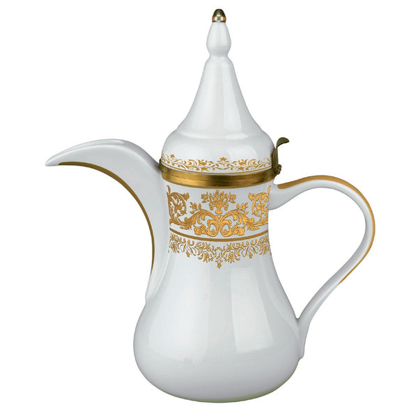 A white porcelain Arabic coffee pot with gold floral motifs and a gold handle.