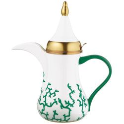 Cristobal Emerald Arabic coffee pot by Raynaud in Limoges porcelain with emerald coral design and gold accents.