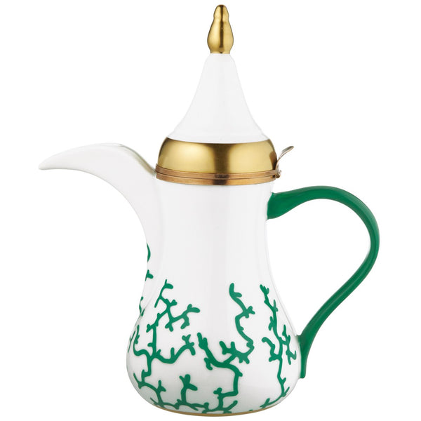 Cristobal Emerald Arabic coffee pot by Raynaud in Limoges porcelain with emerald coral design and gold accents.
