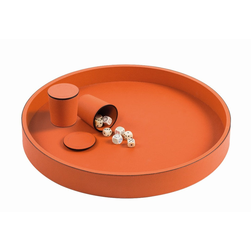 Arena Monochrome Dice Set large size in orange Golf leather by Giobagnara with two dice cups and tray.