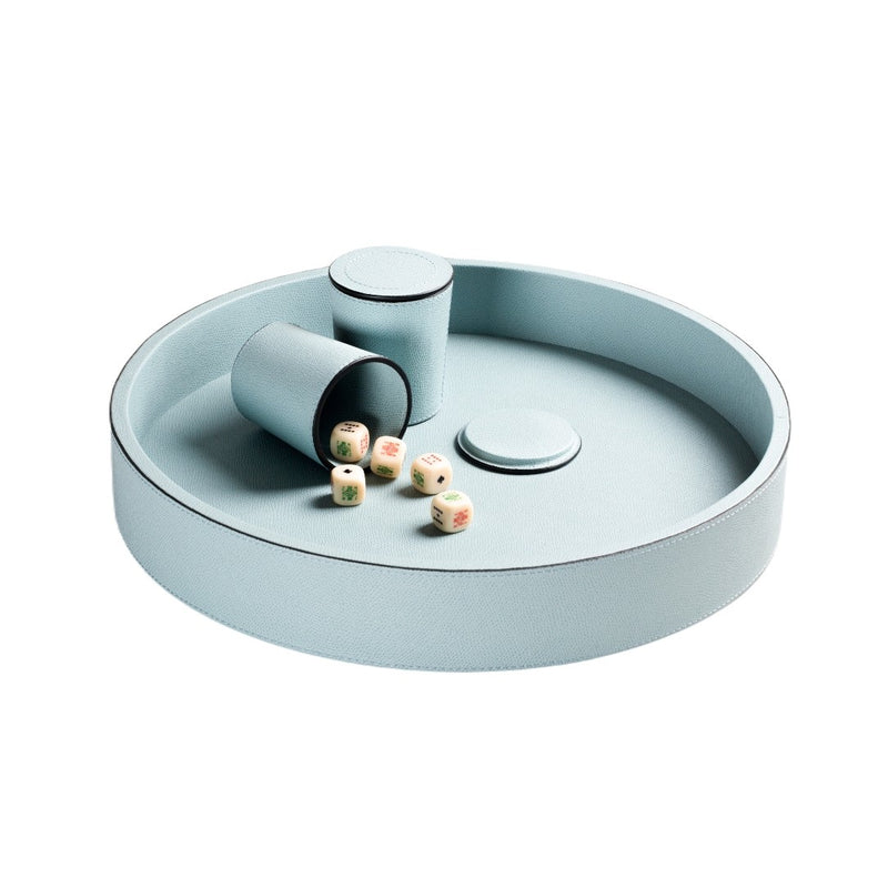 Arena Monochrome Dice Set small size in blue Golf leather by Giobagnara, featuring two dice cups and tray.