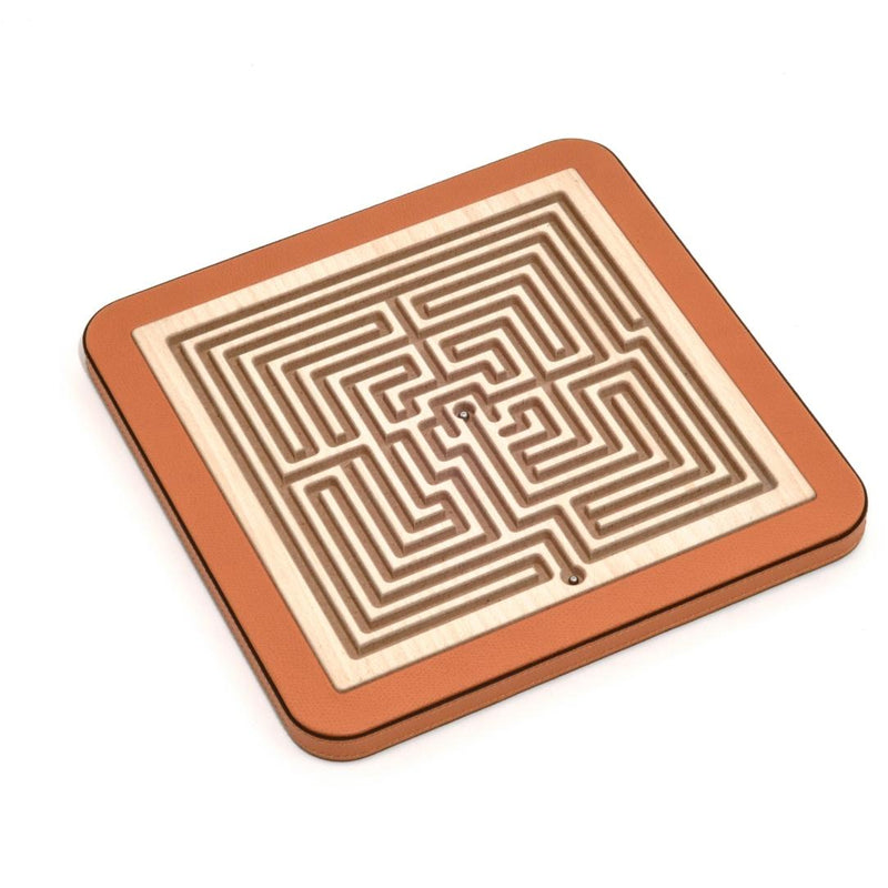 Side view of Luxury Arianna Square Labyrinth in orange grained leather with wooden maze by Pinetti