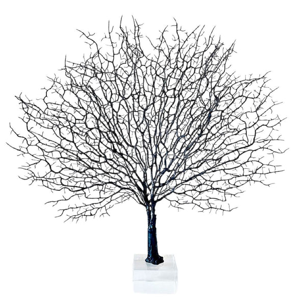 Artificial fan coral tree decoration with glass stand on white background
