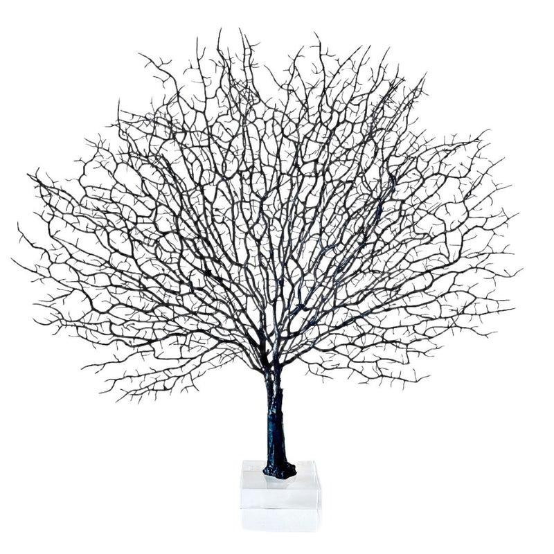 Artificial fan coral tree decoration with glass stand on white background