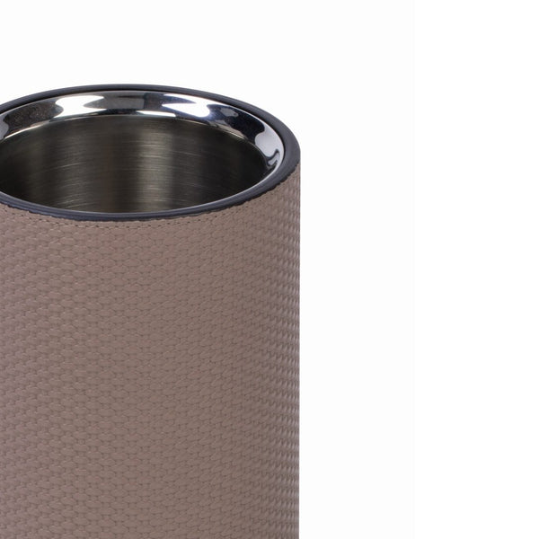 Close-up Athabasca leather bottle cooler by Giobagnara, insulated stainless steel wine chiller with satin finish