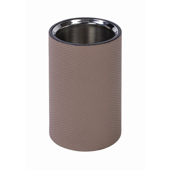 Athabasca leather bottle cooler by Giobagnara, insulated stainless steel wine chiller with satin finish