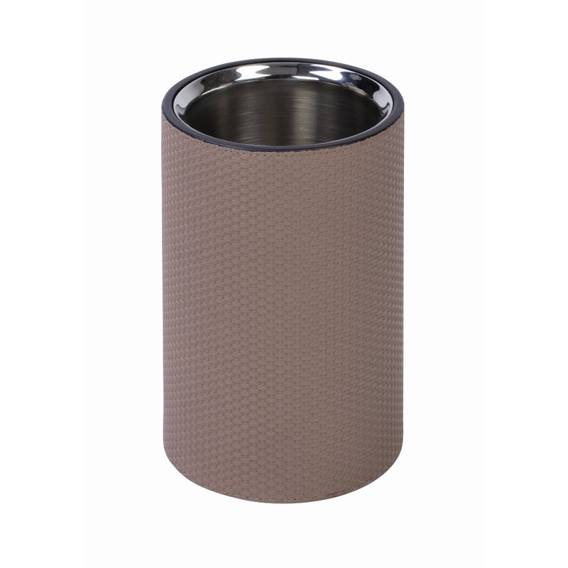 Athabasca leather bottle cooler by Giobagnara, insulated stainless steel wine chiller with satin finish