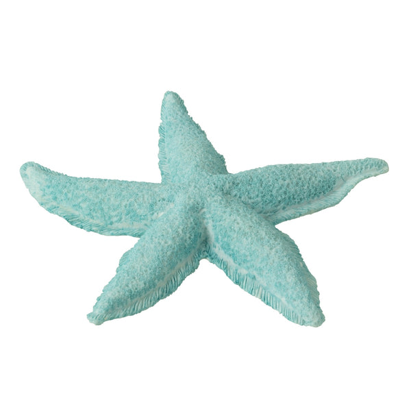 A large, azure blue polyresin starfish sculpture.